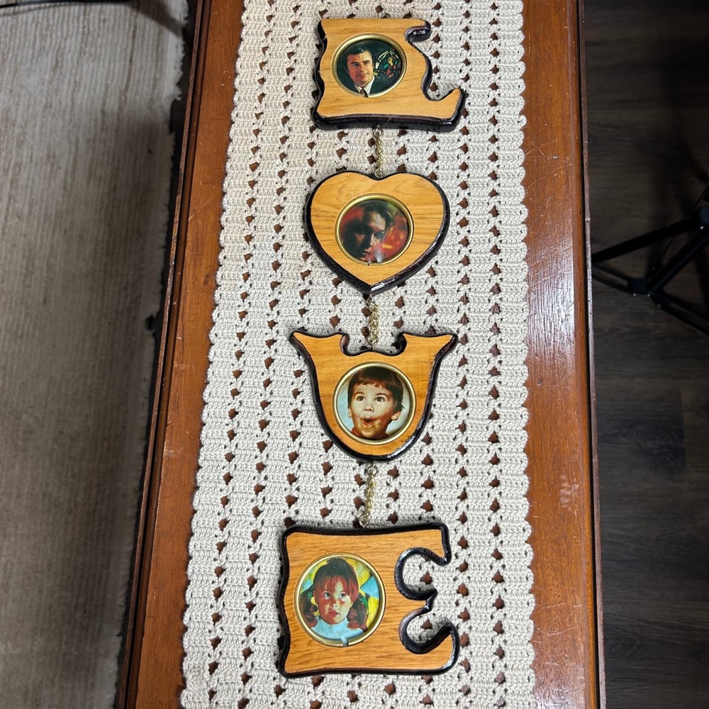 Vintage FHP LOVE Wooden Hanging Photo Frame Vertical Wall Decor Made in Taiwan